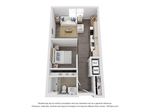 a 3d floor plan of a 1 bedroom apartment at The Flats & Terraces at Wildhorse Village, Chesterfield, MO